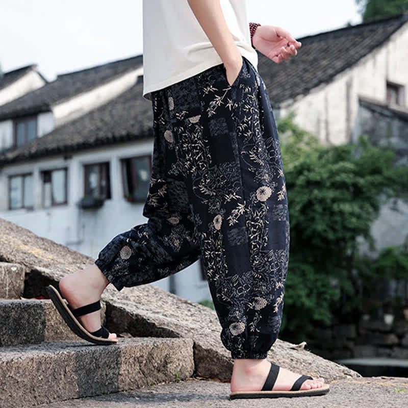 Buddha Stones 夏物 ボヘミアン カジュアル ドローストリング 象と木のプリント クロップドパンツ メンズ ハーレムパンツ ポケット付き - image 10