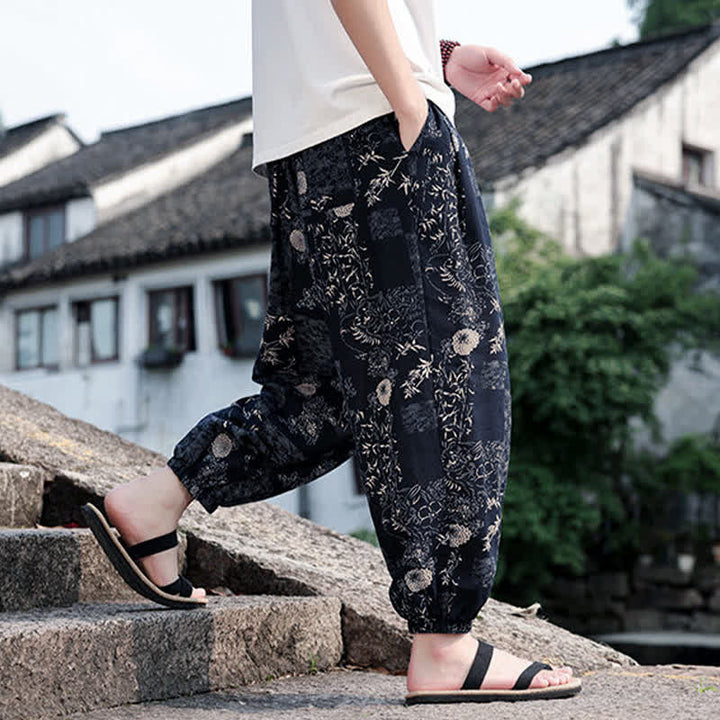 Buddha Stones 夏物 ボヘミアン カジュアル ドローストリング 象と木のプリント クロップドパンツ メンズ ハーレムパンツ ポケット付き - image 10