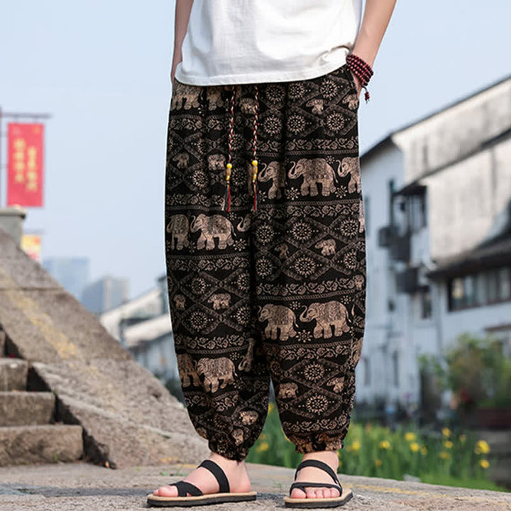 Buddha Stones 夏物 ボヘミアン カジュアル ドローストリング 象と木のプリント クロップドパンツ メンズ ハーレムパンツ ポケット付き - image 2