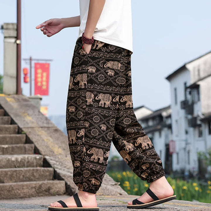 Buddha Stones 夏物 ボヘミアン カジュアル ドローストリング 象と木のプリント クロップドパンツ メンズ ハーレムパンツ ポケット付き - image 4