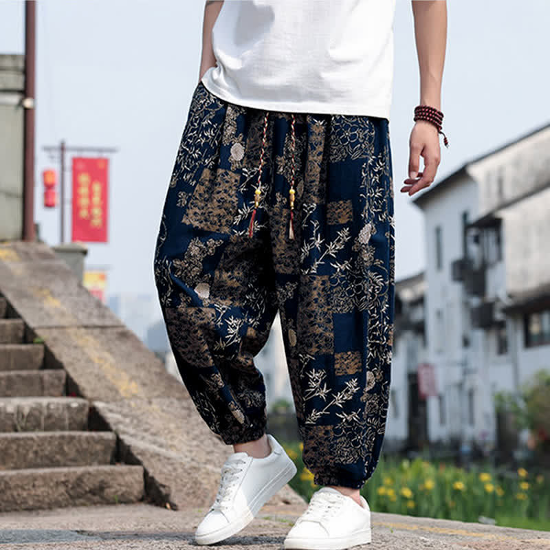 Buddha Stones 夏物 ボヘミアン カジュアル ドローストリング 象と木のプリント クロップドパンツ メンズ ハーレムパンツ ポケット付き - image 36