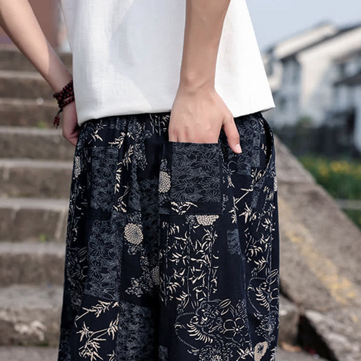 Buddha Stones 夏物 ボヘミアン カジュアル ドローストリング 象と木のプリント クロップドパンツ メンズ ハーレムパンツ ポケット付き - image 18