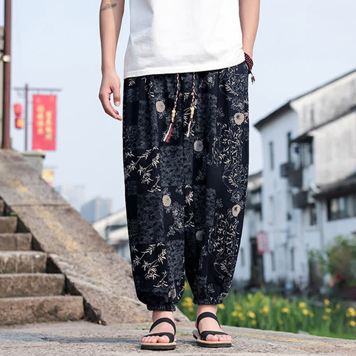 Buddha Stones 夏物 ボヘミアン カジュアル ドローストリング 象と木のプリント クロップドパンツ メンズ ハーレムパンツ ポケット付き - 海軍 - US/UK/AU46, EU56 （5XL） - image 7