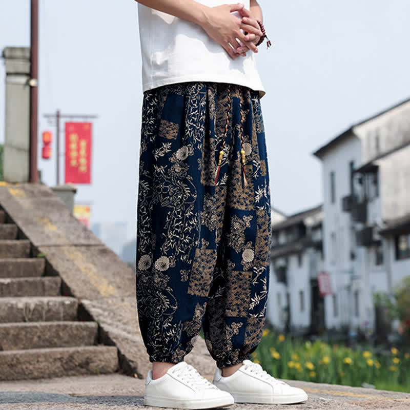 Buddha Stones 夏物 ボヘミアン カジュアル ドローストリング 象と木のプリント クロップドパンツ メンズ ハーレムパンツ ポケット付き - image 30