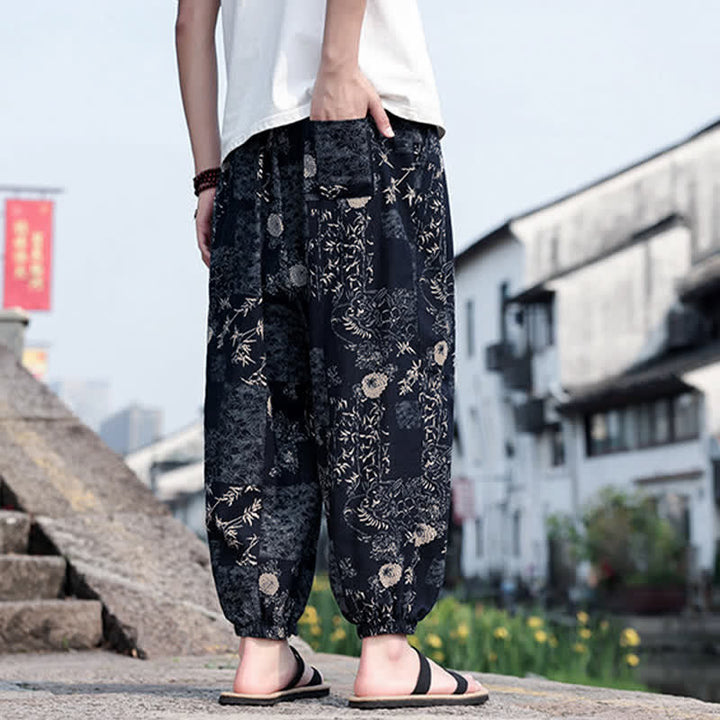 Buddha Stones 夏物 ボヘミアン カジュアル ドローストリング 象と木のプリント クロップドパンツ メンズ ハーレムパンツ ポケット付き - image 11