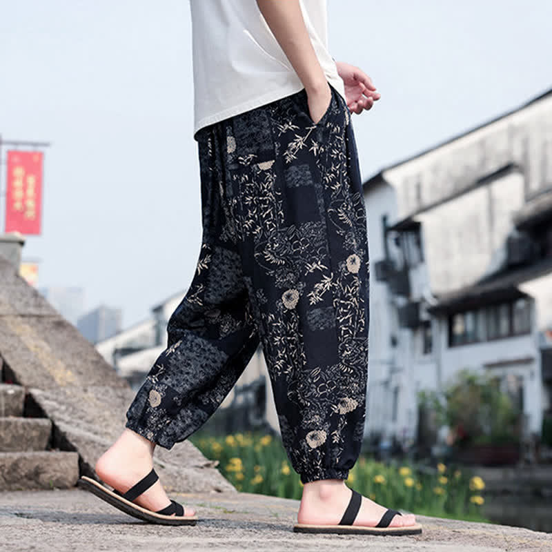 Buddha Stones 夏物 ボヘミアン カジュアル ドローストリング 象と木のプリント クロップドパンツ メンズ ハーレムパンツ ポケット付き - image 12