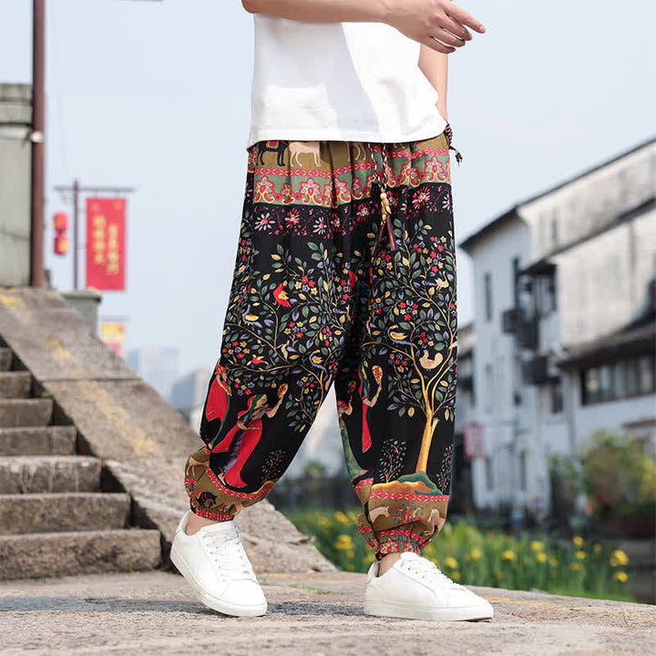 Buddha Stones 夏物 ボヘミアン カジュアル ドローストリング 象と木のプリント クロップドパンツ メンズ ハーレムパンツ ポケット付き - image 21