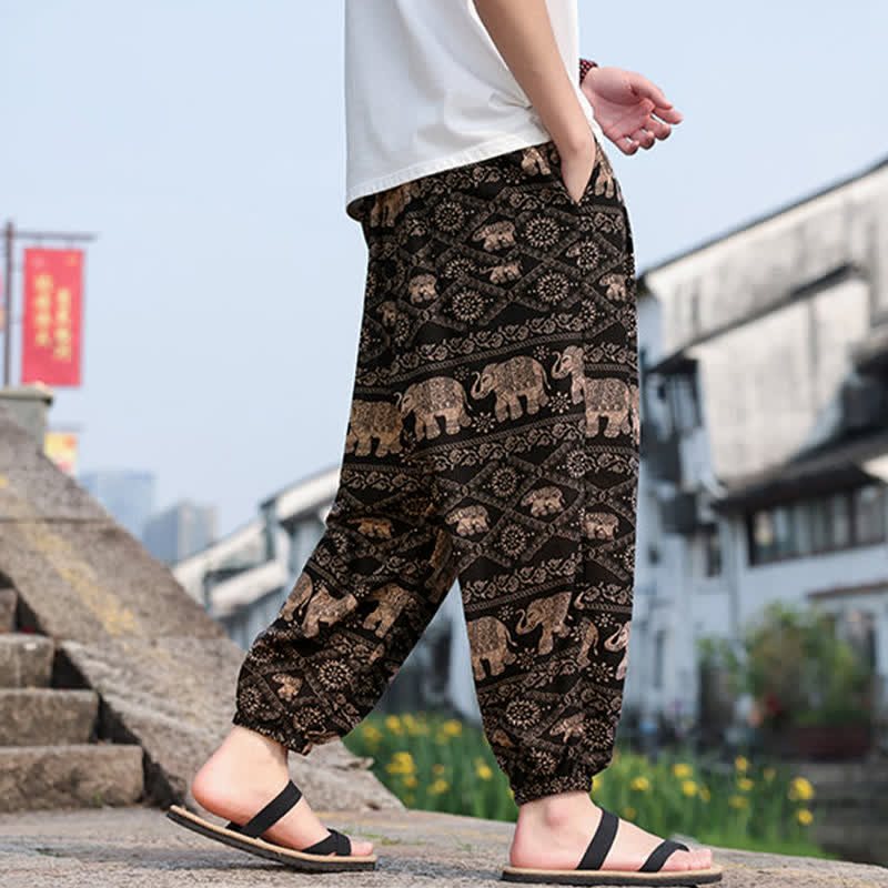 Buddha Stones 夏物 ボヘミアン カジュアル ドローストリング 象と木のプリント クロップドパンツ メンズ ハーレムパンツ ポケット付き - image 3