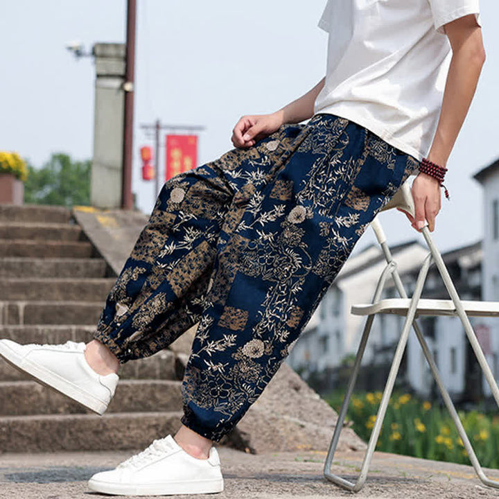 Buddha Stones 夏物 ボヘミアン カジュアル ドローストリング 象と木のプリント クロップドパンツ メンズ ハーレムパンツ ポケット付き - image 37