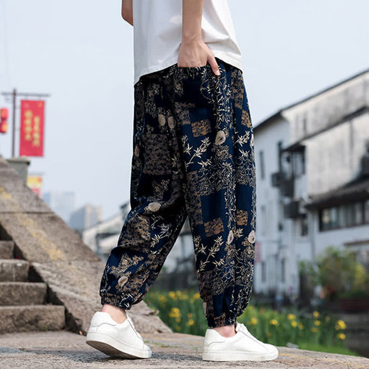 Buddha Stones 夏物 ボヘミアン カジュアル ドローストリング 象と木のプリント クロップドパンツ メンズ ハーレムパンツ ポケット付き - image 31