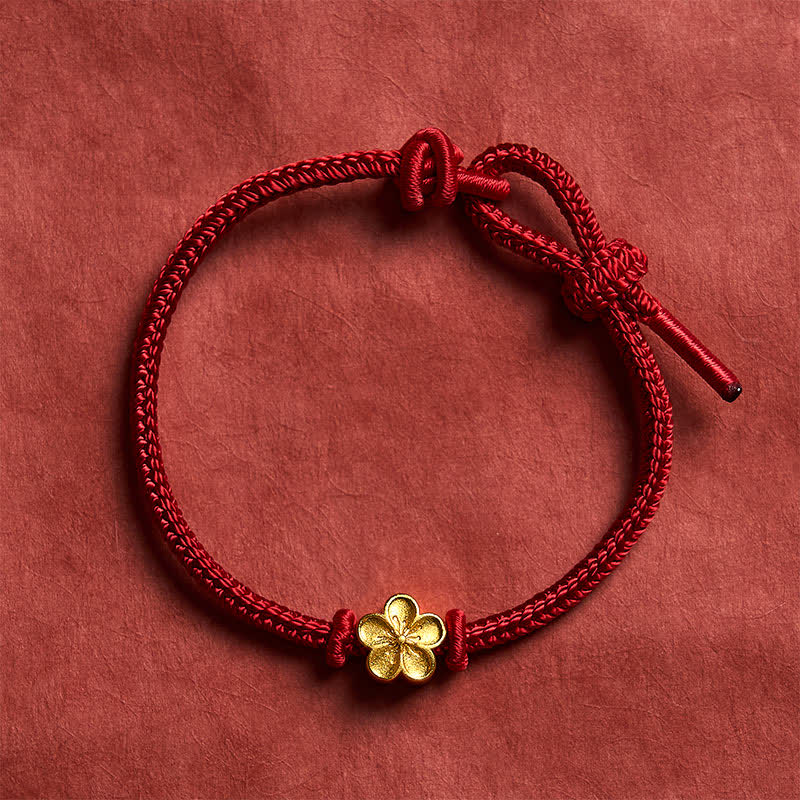 Buddha Stones 手織りの赤紐で編まれた桃の花の幸運の小さなブレスレット - image 1