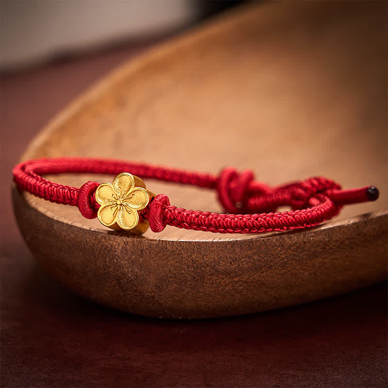 Buddha Stones 手織りの赤紐で編まれた桃の花の幸運の小さなブレスレット - image 2