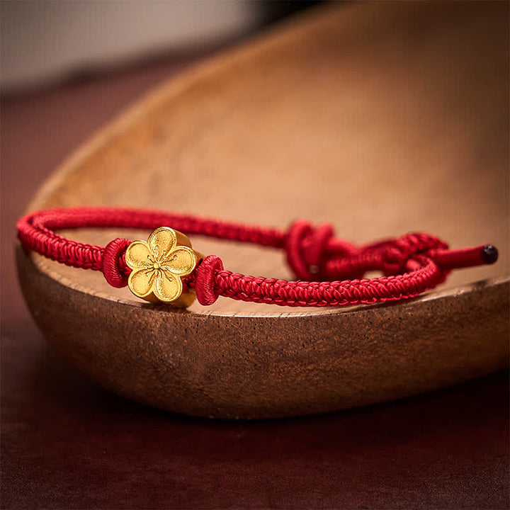 Buddha Stones 手織りの赤紐で編まれた桃の花の幸運の小さなブレスレット - image 2