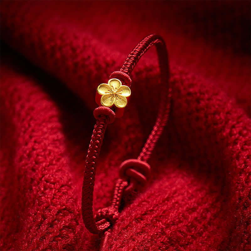 Buddha Stones 手織りの赤紐で編まれた桃の花の幸運の小さなブレスレット - image 3