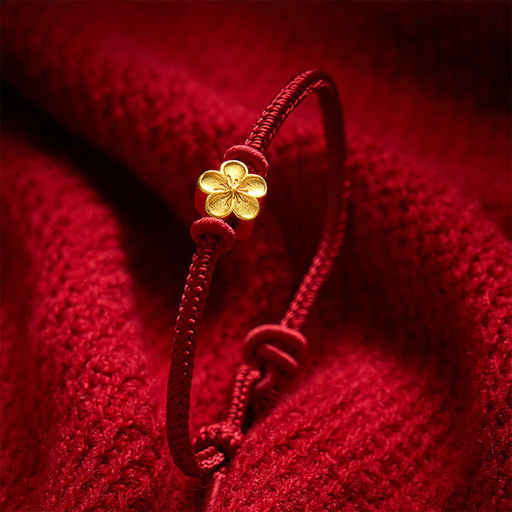 Buddha Stones 手織りの赤紐で編まれた桃の花の幸運の小さなブレスレット - image 3