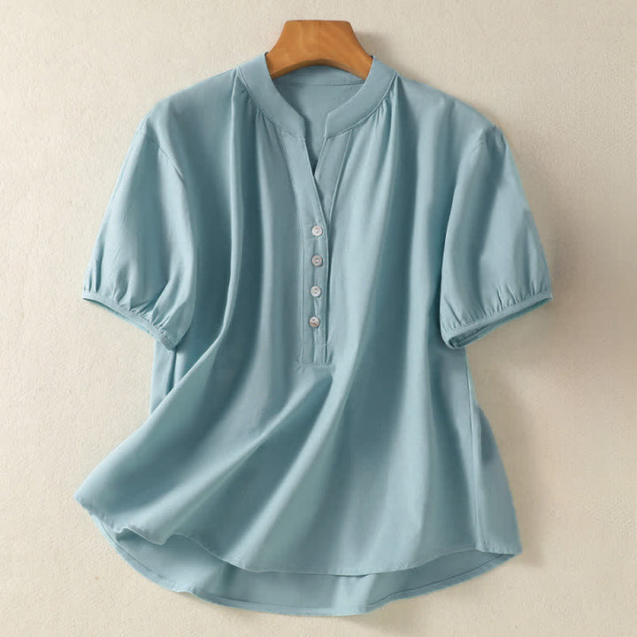 Buddha Stones 夏物カジュアルミニマリストボタンアップ無地レディース半袖シャツ - 水色 - US12, UK/AU16, EU44 （2XL） - image 7