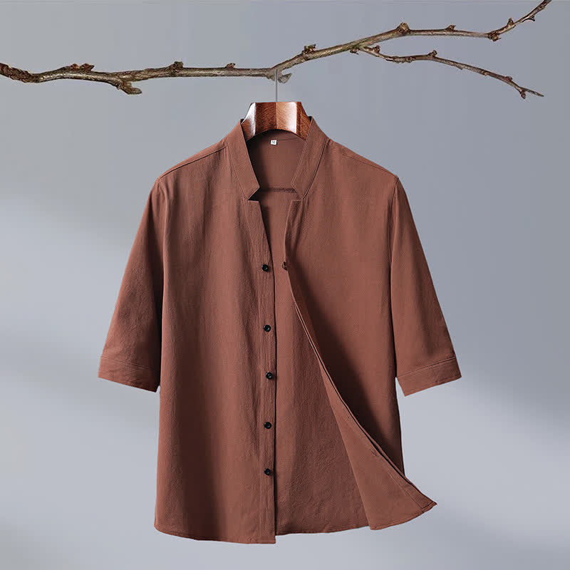Buddha Stones 夏物 唐風 マンダリンカラー ボタンアップ 無地 コットン メンズ 半袖シャツ - ペルー - US/UK/AU50, EU60 （7XL） - image 0