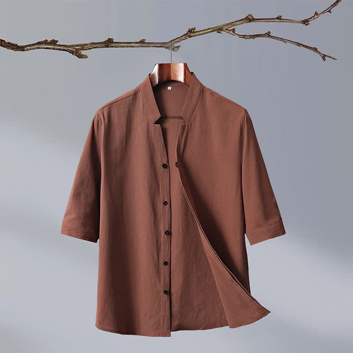Buddha Stones 夏物 唐風 マンダリンカラー ボタンアップ 無地 コットン メンズ 半袖シャツ - ペルー - US/UK/AU50, EU60 （7XL） - image 0
