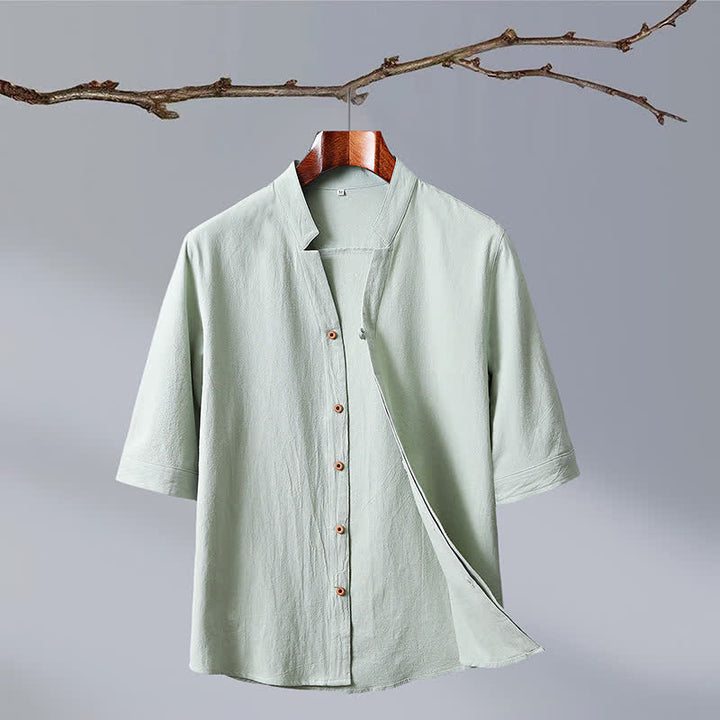 Buddha Stones 夏物 唐風 マンダリンカラー ボタンアップ 無地 コットン メンズ 半袖シャツ - 甘露 - US/UK/AU50, EU60 （7XL） - image 2