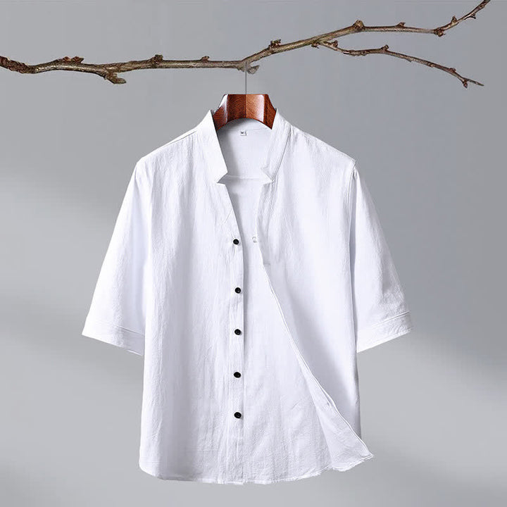 Buddha Stones 夏物 唐風 マンダリンカラー ボタンアップ 無地 コットン メンズ 半袖シャツ - 白 - US/UK/AU50, EU60 （7XL） - image 14