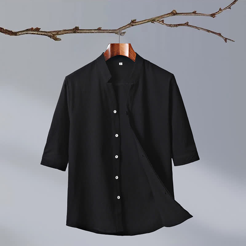 Buddha Stones 夏物 唐風 マンダリンカラー ボタンアップ 無地 コットン メンズ 半袖シャツ - 黒 - US/UK/AU50, EU60 （7XL） - image 1