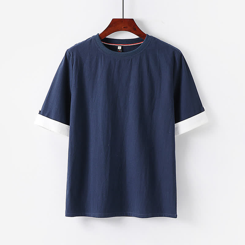 Buddha Stones 夏物カジュアルミニマリストボタンアップ無地クルーネックコットンメンズ半袖Tシャツ - ミッドナイトブルー - US/UK/AU48, EU58 （6XL） - image 0