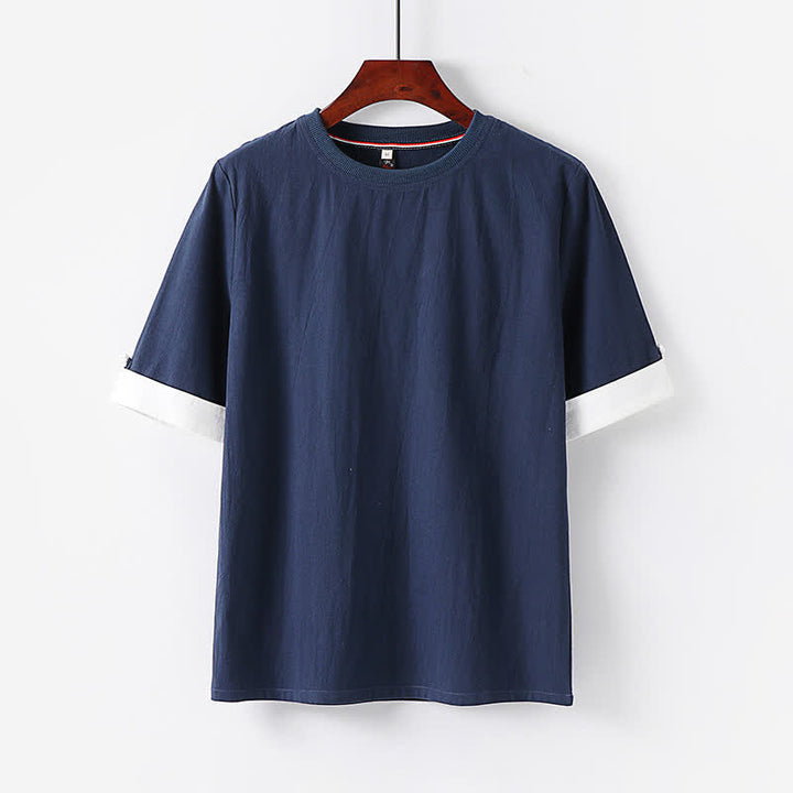 Buddha Stones 夏物カジュアルミニマリストボタンアップ無地クルーネックコットンメンズ半袖Tシャツ - ミッドナイトブルー - US/UK/AU48, EU58 （6XL） - image 0
