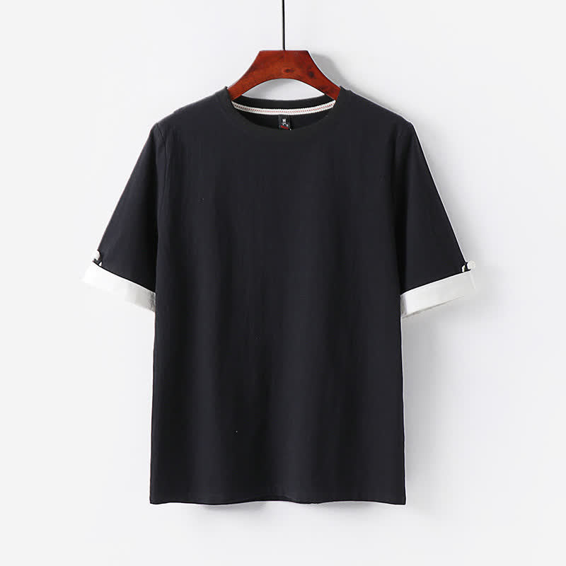 Buddha Stones 夏物カジュアルミニマリストボタンアップ無地クルーネックコットンメンズ半袖Tシャツ - 黒 - US/UK/AU48, EU58 （6XL） - image 1