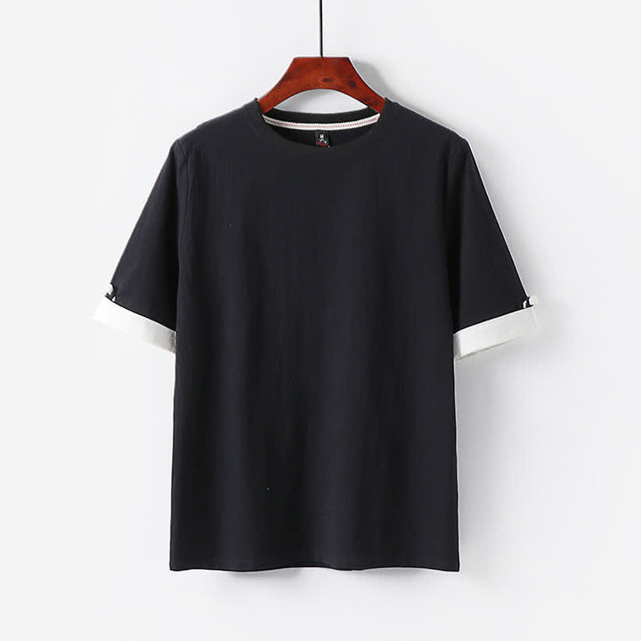 Buddha Stones 夏物カジュアルミニマリストボタンアップ無地クルーネックコットンメンズ半袖Tシャツ - 黒 - US/UK/AU48, EU58 （6XL） - image 1