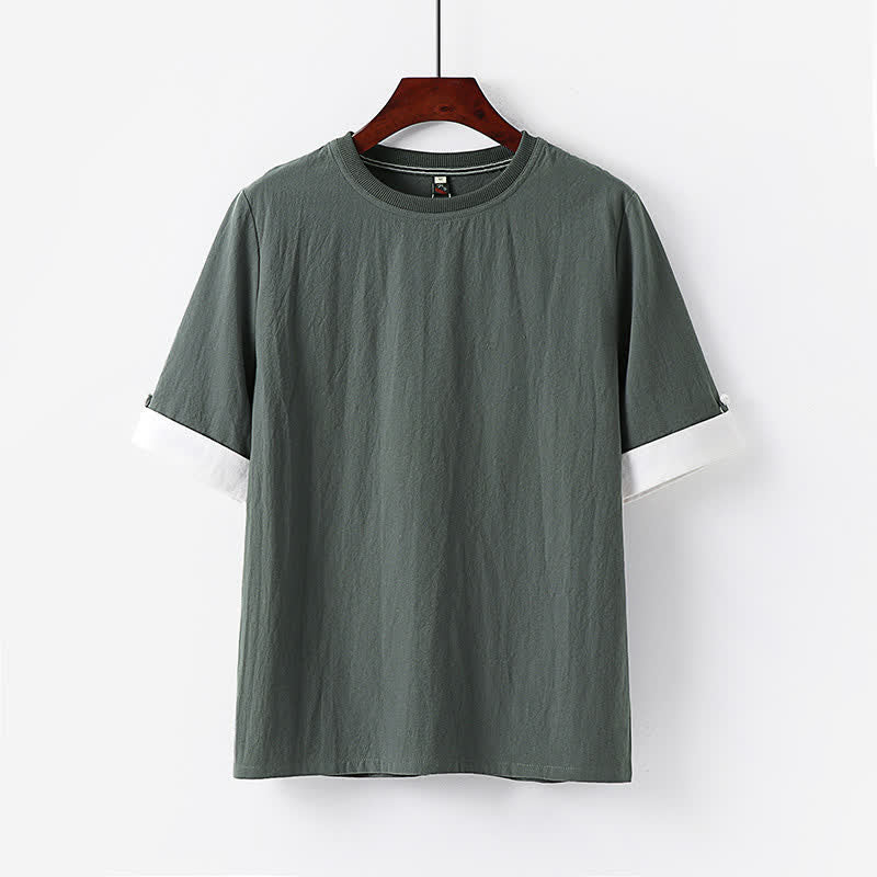 Buddha Stones 夏物カジュアルミニマリストボタンアップ無地クルーネックコットンメンズ半袖Tシャツ - スレートグレー - US/UK/AU48, EU58 （6XL） - image 2