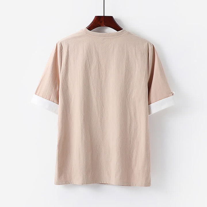 Buddha Stones 夏物カジュアルミニマリストボタンアップ無地クルーネックコットンメンズ半袖Tシャツ - image 4