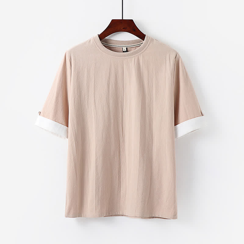 Buddha Stones 夏物カジュアルミニマリストボタンアップ無地クルーネックコットンメンズ半袖Tシャツ - アンティークホワイト - US/UK/AU48, EU58 （6XL） - image 3