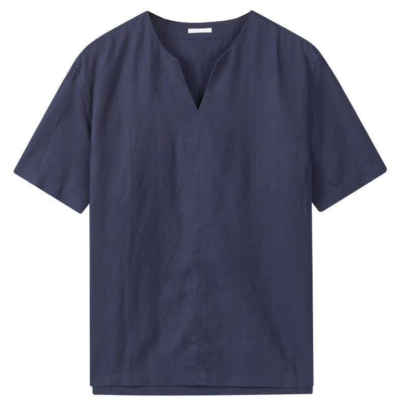 Buddha Stones 夏向けミニマルデザイン無地Vネックメンズ半袖Tシャツ - image 8
