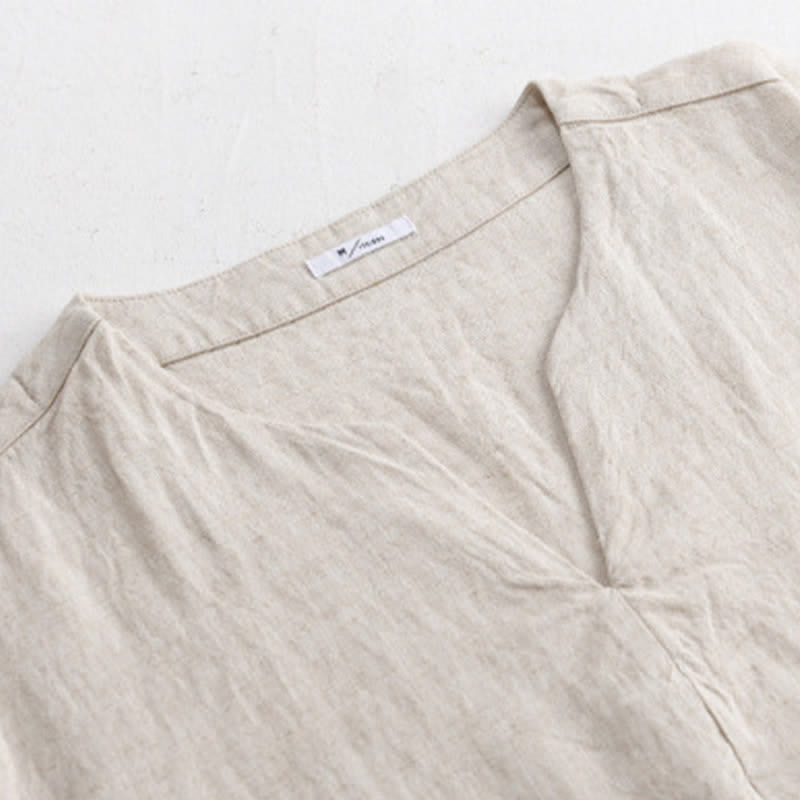Buddha Stones 夏向けミニマルデザイン無地Vネックメンズ半袖Tシャツ - image 1
