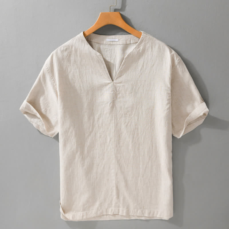 Buddha Stones 夏向けミニマルデザイン無地Vネックメンズ半袖Tシャツ - リネン - US/UK/AU42、 EU52 (3XL) - image 0
