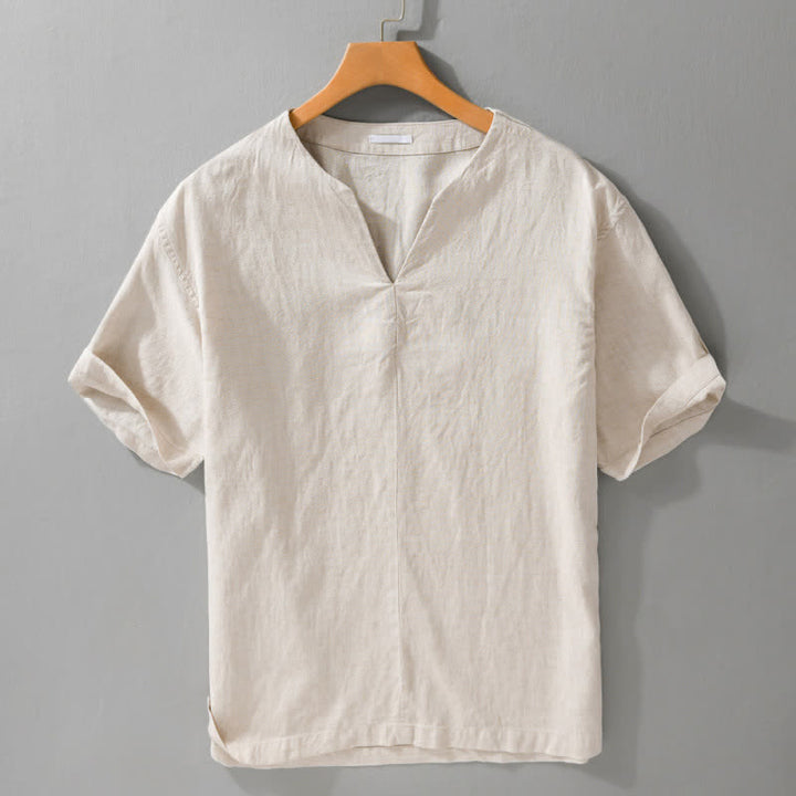 Buddha Stones 夏向けミニマルデザイン無地Vネックメンズ半袖Tシャツ - リネン - US/UK/AU42、 EU52 (3XL) - image 0