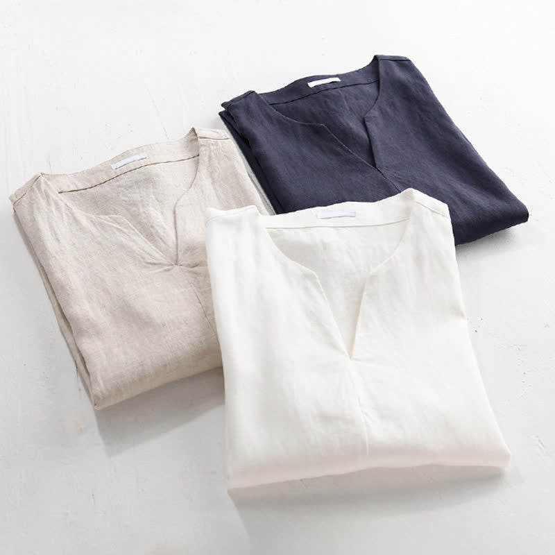Buddha Stones 夏向けミニマルデザイン無地Vネックメンズ半袖Tシャツ - image 16