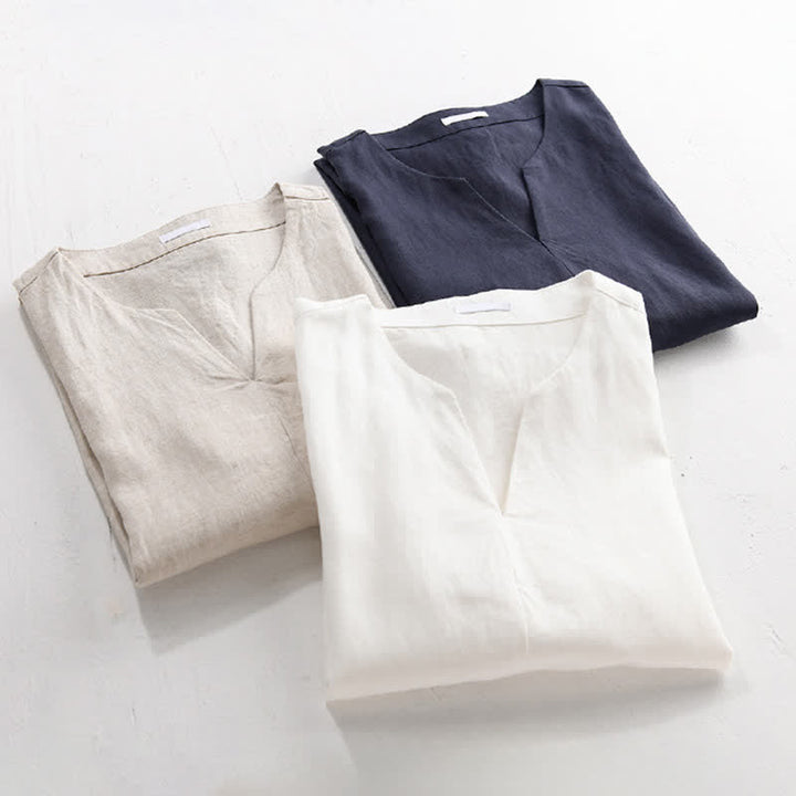 Buddha Stones 夏向けミニマルデザイン無地Vネックメンズ半袖Tシャツ - image 16