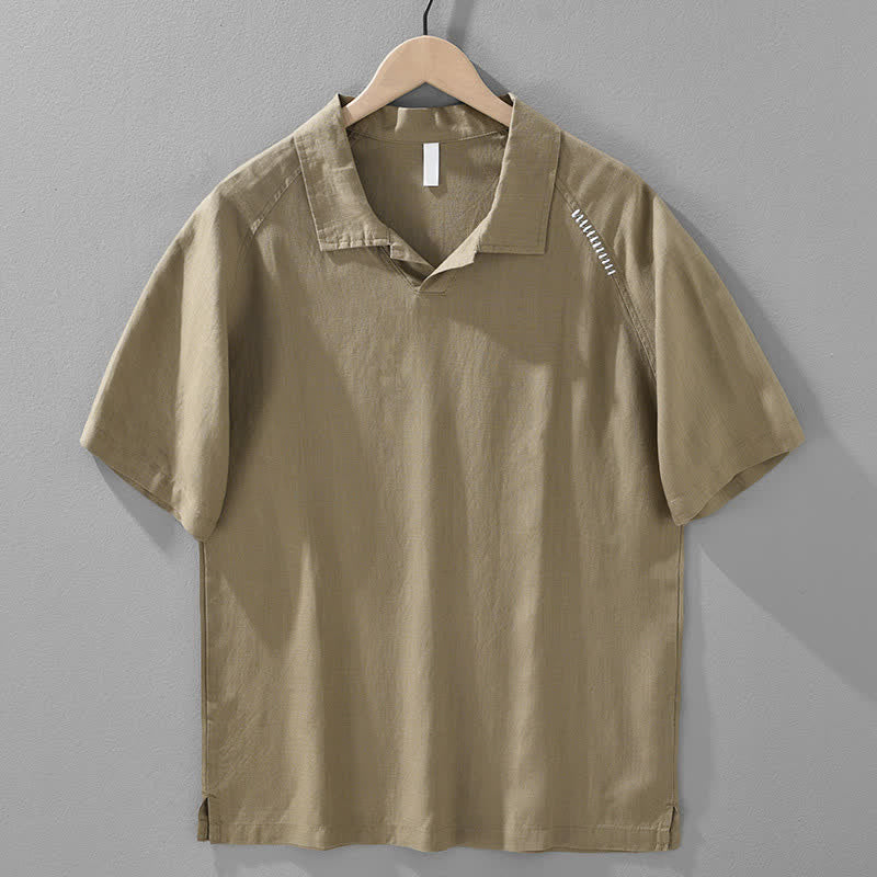 Buddha Stones 夏物カジュアルミニマルサイドスリット無地ラペルカラーメンズ半袖シャツ - タン - US/UK/AU42、 EU52 (3XL) - image 1