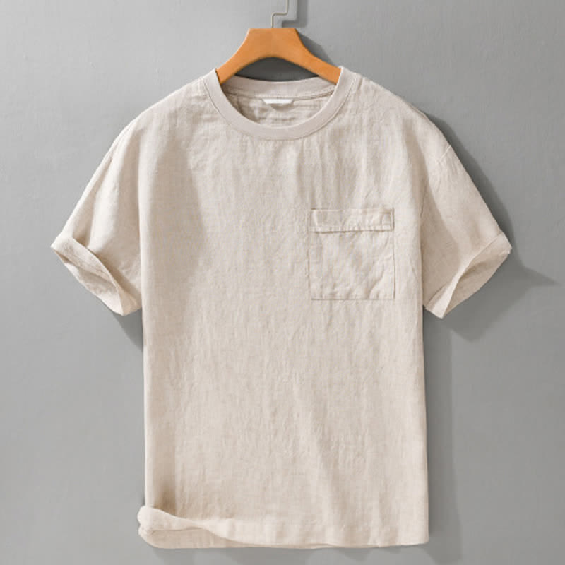Buddha Stones 夏物カジュアルミニマリスト無地メンズ半袖Tシャツ（パッチポケット付き） - image 1