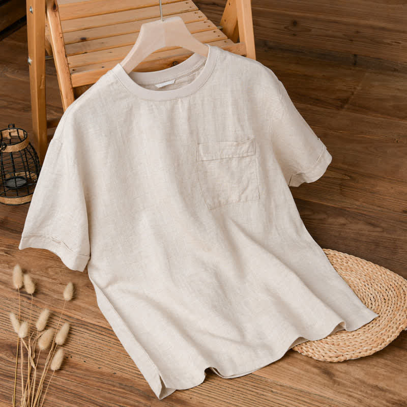 Buddha Stones 夏物カジュアルミニマリスト無地メンズ半袖Tシャツ（パッチポケット付き） - リネン - US/UK/AU42、 EU52 (3XL) - image 0