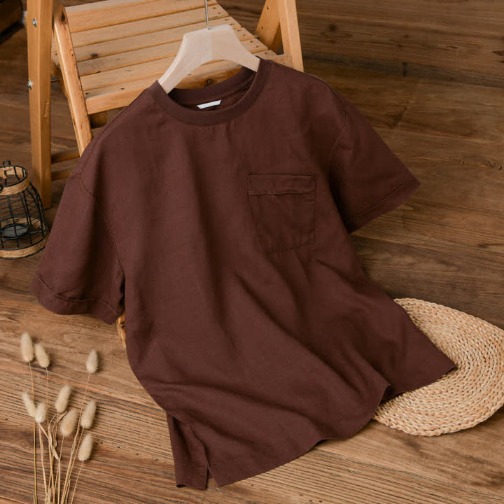 Buddha Stones 夏物カジュアルミニマリスト無地メンズ半袖Tシャツ（パッチポケット付き） - image 14