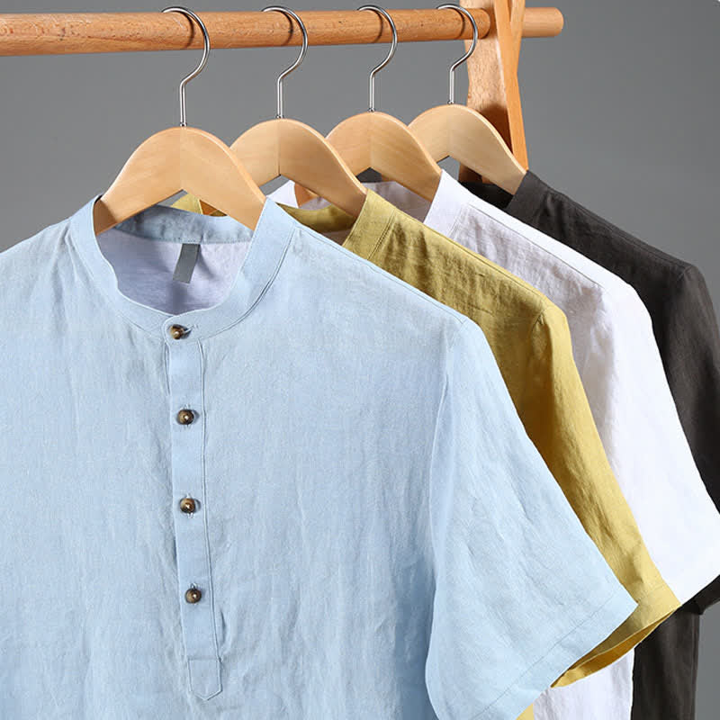 Buddha Stones 夏物 唐風 カジュアル マンダリンカラー 無地 リネン メンズ 半袖シャツ - image 17