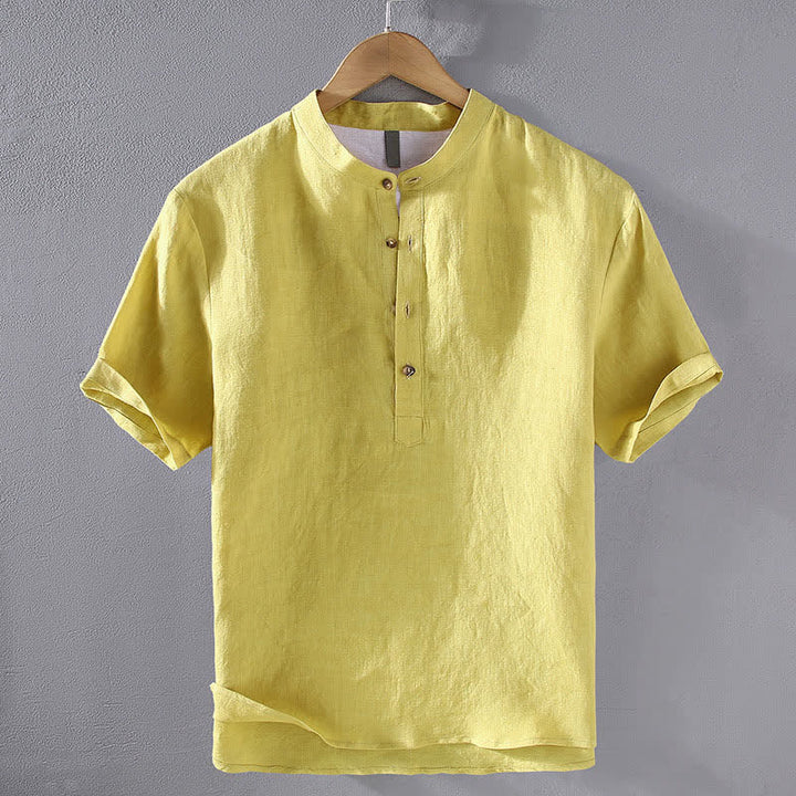 Buddha Stones 夏物 唐風 カジュアル マンダリンカラー 無地 リネン メンズ 半袖シャツ - 黄色 - US/UK/AU42、 EU52 (3XL) - image 13