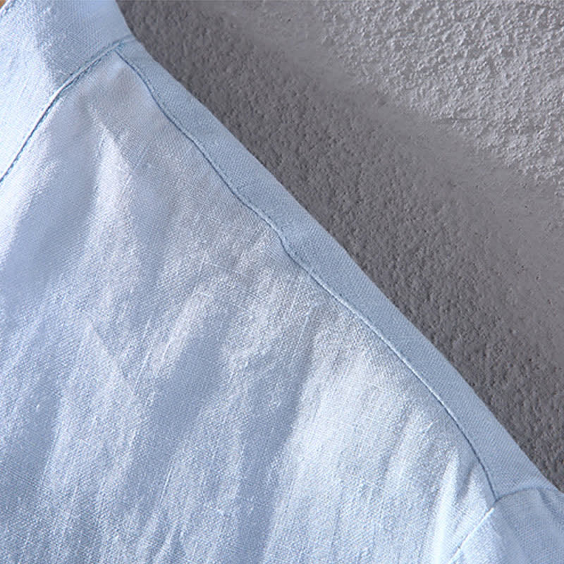 Buddha Stones 夏物 唐風 カジュアル マンダリンカラー 無地 リネン メンズ 半袖シャツ - image 5