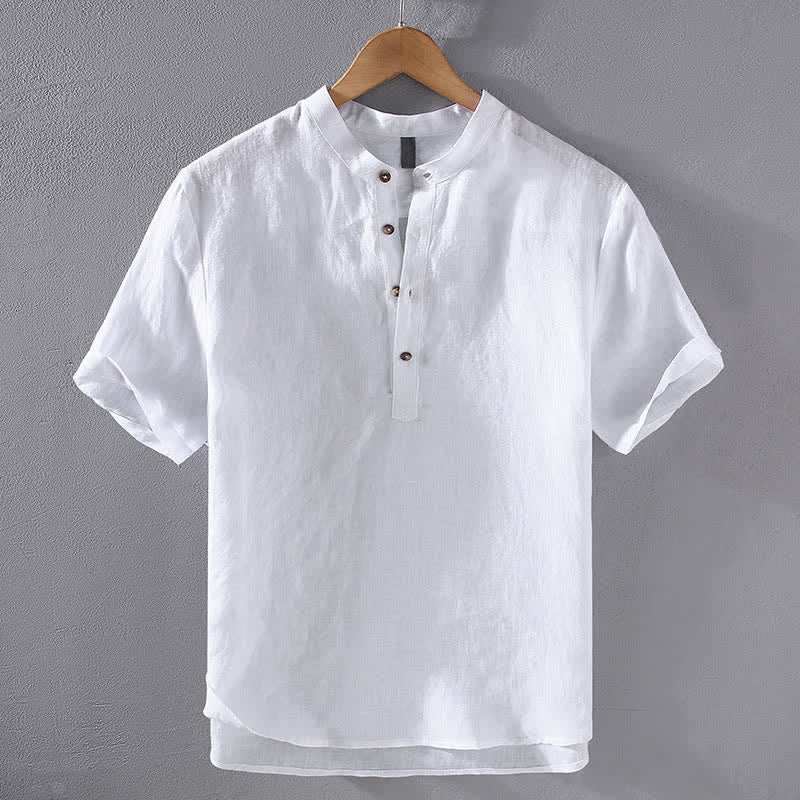 Buddha Stones 夏物 唐風 カジュアル マンダリンカラー 無地 リネン メンズ 半袖シャツ - 白 - US/UK/AU42、 EU52 (3XL) - image 14