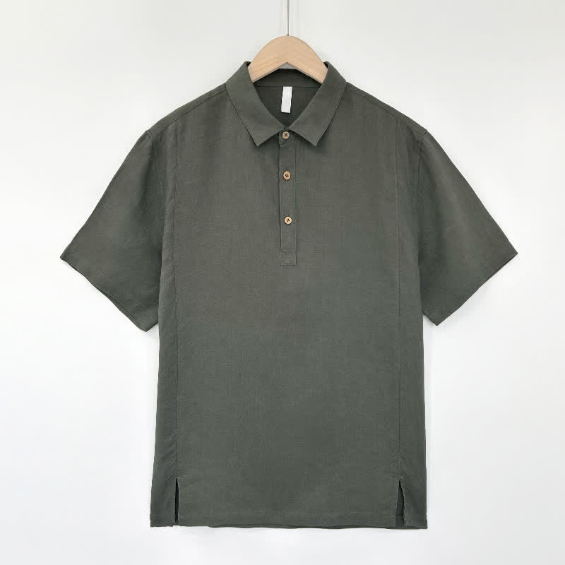 Buddha Stones 夏物カジュアル サイドスリット入り 無地リネン メンズ半袖シャツ - グレー - US/UK/AU44、 EU54 (4XL) - image 10