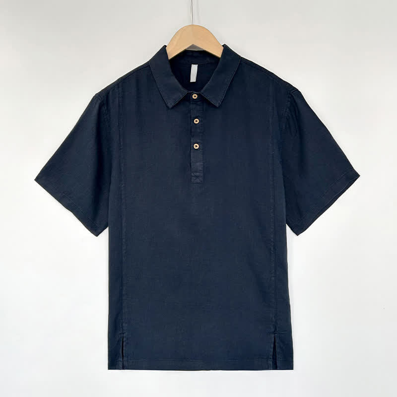 Buddha Stones 夏物カジュアル サイドスリット入り 無地リネン メンズ半袖シャツ - 海軍 - US/UK/AU44、 EU54 (4XL) - image 9