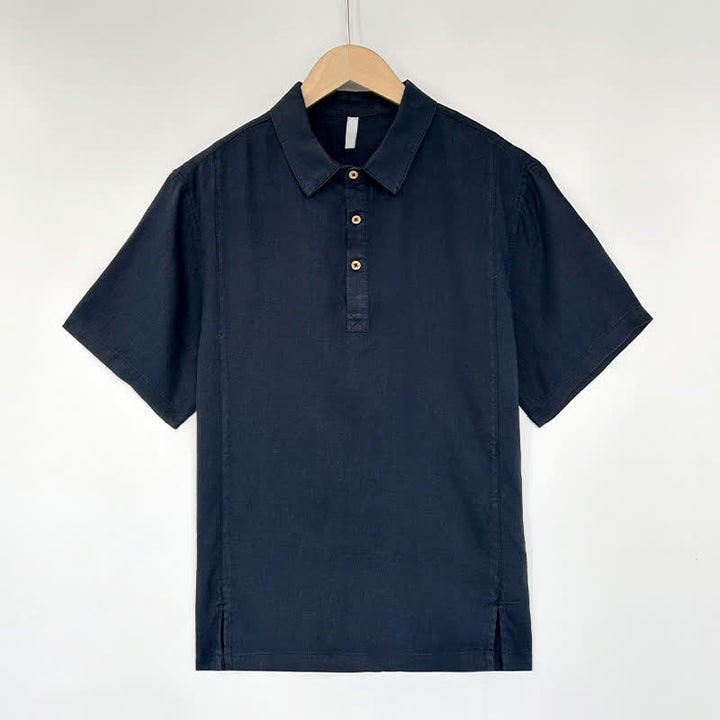 Buddha Stones 夏物カジュアル サイドスリット入り 無地リネン メンズ半袖シャツ - 海軍 - US/UK/AU44、 EU54 (4XL) - image 9