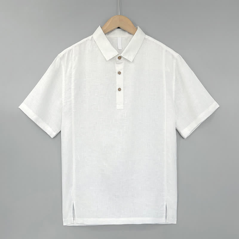Buddha Stones 夏物カジュアル サイドスリット入り 無地リネン メンズ半袖シャツ - 白 - US/UK/AU44、 EU54 (4XL) - image 0